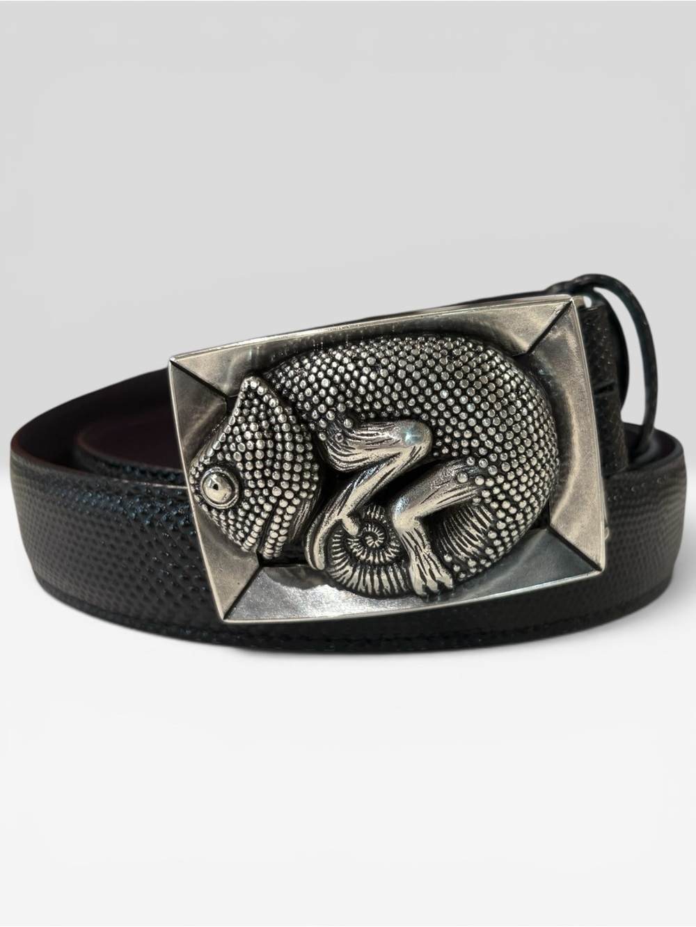 Rare Elliot Rhodes London Chameleon Buckle Glossy Carung Texture Espresso Belt
